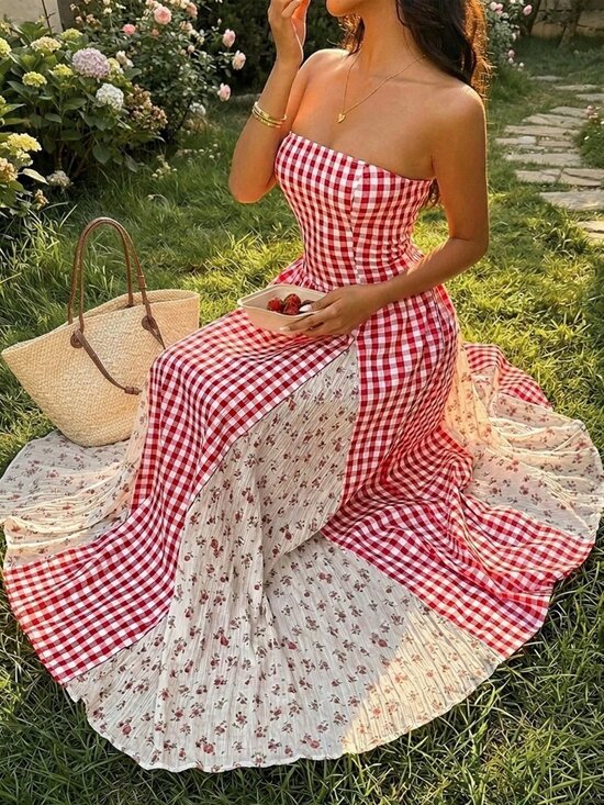 Dresses & Skirts - Women's Plaid & Floral Patchwork Strapless  Cinched Waist Backless maxi Dress